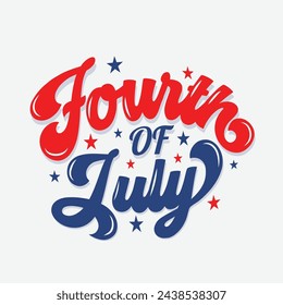 Happy 4th of July typography Vector illustration to celebrate American Independence Day. Fourth of July logo, banner, poster, greeting card with United States flag, stars. Red and blue color.