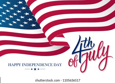 Happy 4th of July United States Independence Day celebrate banner with waving american national flag and hand lettering text design. Vector illustration.