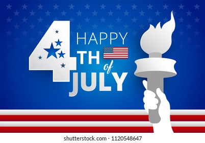 Happy 4th of July United States greeting card with the USA flag, July 4th typography and statue of liberty flames illustration - vector holiday background