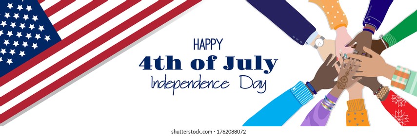 Happy 4th of July, United States of America Independence Day celebrating vector banner. Diverse skin colors of american people are holding hands together, top view, USA flag. Isolated on white background