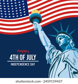 Happy 4th of July United States of America Independence Day vector illustration with liberty statue and  The Stars and Stripes