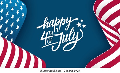 Happy 4th of July. United States Independence Day celebration banner with hand lettering and waving American national flag on blue background. Vector illustration.