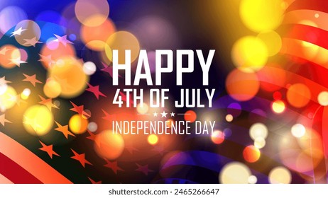 Happy 4th of July. United States Independence Day celebration banner with bright bokeh lights and American flag. Holiday firework. Vector illustration.
