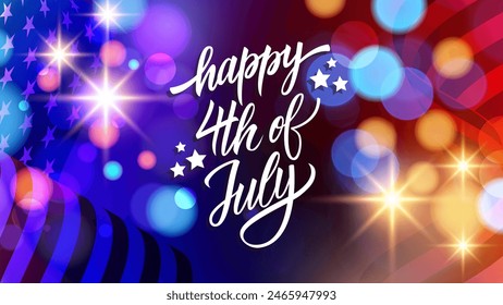 Happy 4th of July. United States Independence Day celebration banner with bright bokeh lights and waving American flag. Holiday firework. Vector illustration.