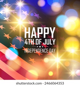 Happy 4th of July. United States Independence Day greeting card with bright fireworks and American flag. Vector illustration.