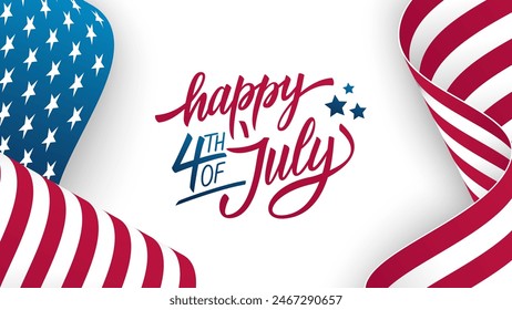 Happy 4th of July. United States Independence Day celebration banner with hand lettering and waving American national flag on white background. Vector illustration.