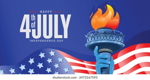 Happy 4th of July United States of America Independence Day banner background greeting template with usa waving flag, the Statue of Liberty hand torch flame on a blue background. Vector illustration. 