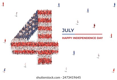 Happy 4th of July United States. A large group of people form to create the number 4 as USA celebrates its independence Day on the 4th of July. Vector illustration.