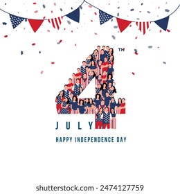 Happy 4th of July United States. A large group of people form to create the number 4 as USA celebrates its independence Day on the 4th of July. Confetti falling background Vector illustration.