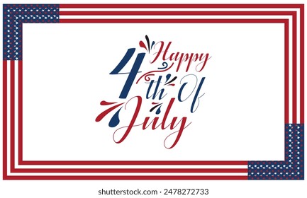 Happy 4th of July. United States Independence Day celebration banner with hand lettering and waving American national flag on red, blue, and white background. Vector illustration. EPS 10