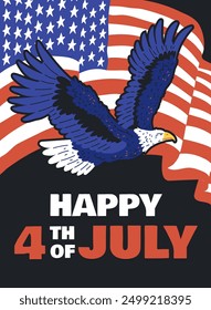 Happy 4th of July United States of America Independence Day celebration poster. Bald Eagle national symbol with waving American flag. Patriotic USA holiday banner design vector flat illustration