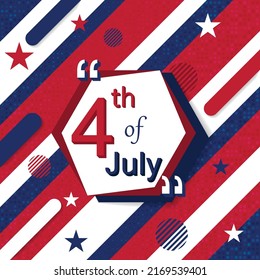 Happy 4th of July USA Abstract Independence Day greeting card.  American national flag colors poster vector illustration. Geometric shape, star, diagonal line graphic. Shiny shimmery effect background