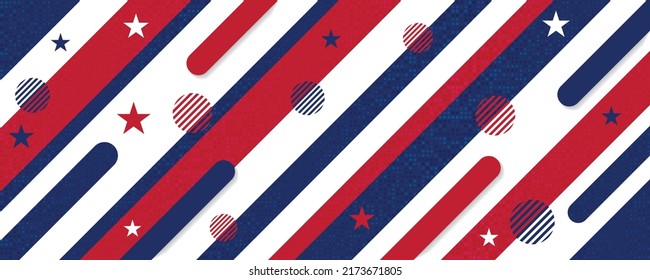 Happy 4th Of July USA Abstract Independence Day Website Header.  American National Flag Color Poster Vector Illustration. Geometric Shape, Star, Diagonal Line Graphic. Shiny Shimmery Effect Background