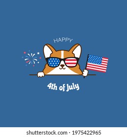 Happy 4th of July. USA America Independence day. Cute corgi dog with american flag. Vector