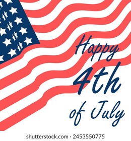 Happy 4th of July USA. Banner with waving American national flag and lettering text. Vector illustration.