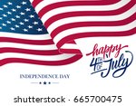 Happy 4th of July USA Independence Day greeting card with waving american national flag and hand lettering text design. Vector illustration.