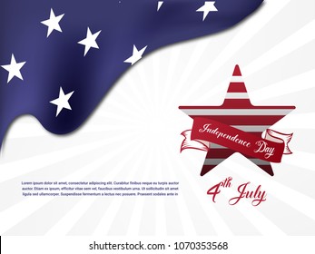 Happy 4th of July USA Independence Day greeting card with waving american national flag and hand lettering text design. Vector illustration. 