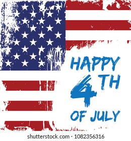 Happy 4th of July. USA Independence Day greeting card with American flag in grunge background. Vector Illustration