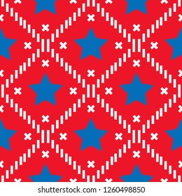 Happy 4th of July, USA Independence Day background. Vector seamless flag pattern, watercolor blue star and red stripes. Abstract design concept for greeting card, banner, flyer, poster. eps 10