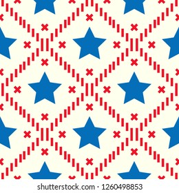 Happy 4th of July, USA Independence Day background. Vector seamless flag pattern, watercolor blue star and red stripes. Abstract design concept for greeting card, banner, flyer, poster. eps 10