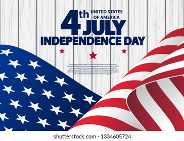 Happy 4th of July USA Independence Day greeting card with waving american national flag. Fourth of July. 4th of July holiday banner. USA Independence Day banner