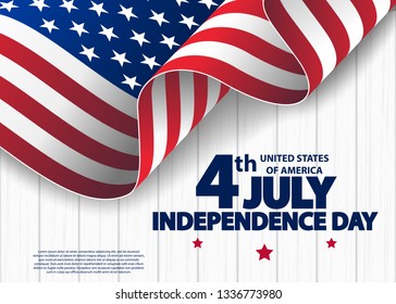 Happy 4th of July USA Independence Day greeting card with waving american national flag. Fourth of July. 4th of July holiday banner. USA Independence Day banner