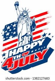 Happy 4th of July USA Independence Day greeting image, with american national flag, statue of liberty and lettering text design.