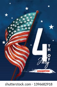 Happy 4th of July USA Independence Day, waving american national flag and  text design. Vector illustration