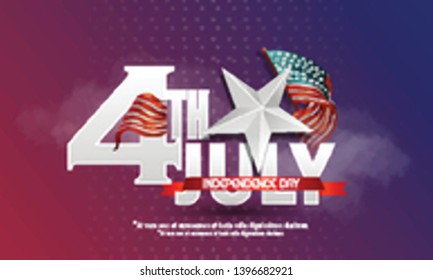 Happy 4th of July USA Independence Day, waving american national flag and  text design. Vector illustration