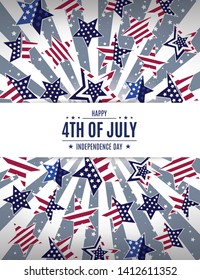 Happy 4th of July, USA Independence day. Holiday banner, poster, flyer template. Decorated with falling american flag colored stars. Vector illustration.