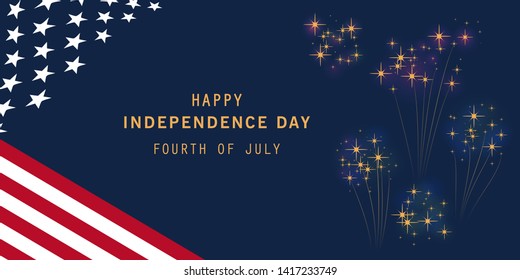 Happy 4th July, USA independence day flyer template with American national flag on navy blue background and fireworks. Poster, banner, greeting card design