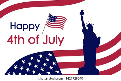 Happy 4th of July. USA Independence Day celebration background with american flag, text, statue of liberty. For posters, greetings, banners, promotions, backgrounds.