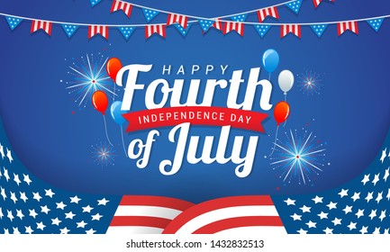 Happy 4th of July, USA Independence Day greeting card vector design. American bunting garland and flag on blue background 