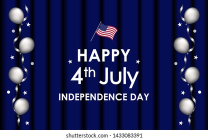 Happy 4th of July. USA Independence Day celebration in blue stage curtain background, star, foil balloons in paper serpentine, US Flag. For posters, greetings, banners, promotions, backgrounds.