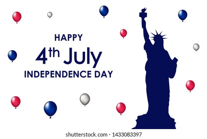 Happy 4th of July. USA Independence Day celebration in white background. Elements of foil balloons and Statue of Liberty. For posters, banners, promotions, marketing, advertising backgrounds.