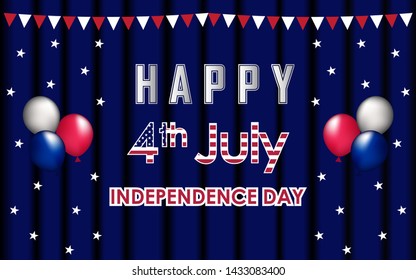 Happy 4th of July. USA Independence Day celebration in blue stage curtain background. Elements of bunting flag, star, foil balloons. Design for posters, greetings, banners, promotions, backgrounds.