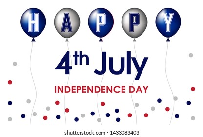 Happy 4th of July. USA Independence Day celebration in white background, foil balloons and polka dots red and blue. For posters, greetings, banners, promotions, marketing, advertising backgrounds.