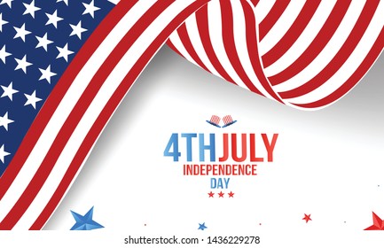 Happy 4th of July USA Independence Day greeting card with waving American national flag and hand lettering text design. Vector illustration. - Vector