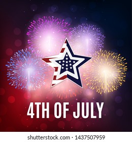 Happy 4th of July, USA Independence day. Patriotic template for greeting card, flyer, party poster, banner. American themed star and fireworks on top of night sky with colorful light effects.