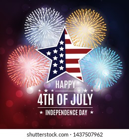 Happy 4th of July, USA Independence day. Patriotic template for greeting card, flyer, party poster, banner. American themed star and fireworks on top of night sky with colorful light effects.