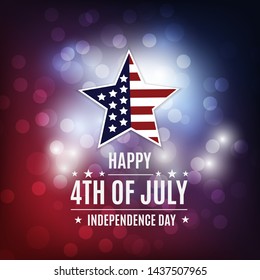 Happy 4th of July, USA Independence day. Patriotic template for greeting card, flyer, party poster, banner. American themed star with message on top of colorful background of light effects.