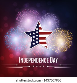 Happy 4th of July, USA Independence day. Patriotic template for greeting card, flyer, party poster, banner. American themed star and fireworks on top of night sky with colorful light effects.