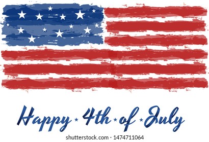 Happy 4th of July USA Independence Day greeting card. Lettering and American flag grunge brush paint background. Vector Illustration for Celebration  American Holiday 