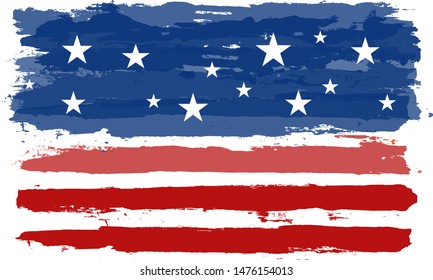 Happy 4th of July USA Independence Day greeting card. Lettering and American flag grunge brush paint background. Vector Illustration for Celebration  American Holiday 