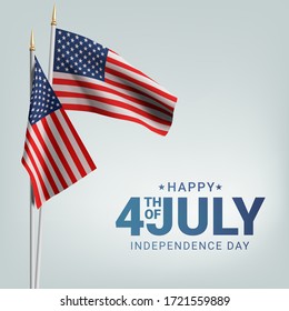 Happy 4th of July USA Independence Day. Waving flag of the america. 3D advertising textile vector flags. Fourth of July background. Vector illustration