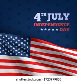 Happy 4th of July USA Independence Day. Waving flag of the america. 3D advertising textile vector flags. Fourth of July background. Vector illustration