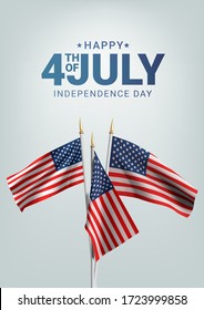 Happy 4th of July USA Independence Day. Waving flag of the america. 3D advertising textile vector flags. Fourth of July vertical background. Vector illustration