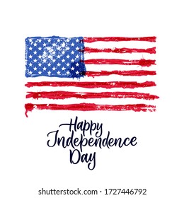 Happy 4th of July, USA Independence Day. Hand drawn calligraphy lettering and american watercolor flag. Vector national holiday patriotic illustration for prints, banner, poster, greeting cards design