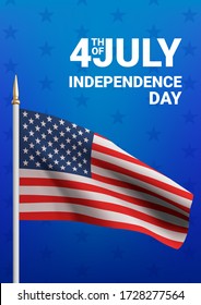 Happy 4th Of July USA Independence Day. Waving Flag Of The America. 3D Advertising Textile Vector Flags. Fourth Of July Vertical Background. Vector Illustration