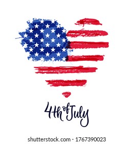Happy 4th of July, USA Independence Day. Vector illustration. Hand drawn calligraphy lettering and american watercolor flag in heart shape. Holiday print, banner, poster, greeting card design elements